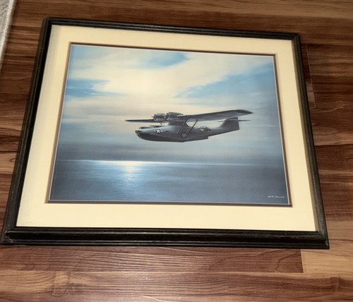 R.G. Smith Signed Eyes of the Fleet PBY Catalina WWII Aviation Art Framed 22x20