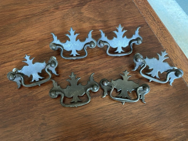Set Of 6 Antique Brass Queen Anne Chippendale Drawer Pulls Dresser Vintage