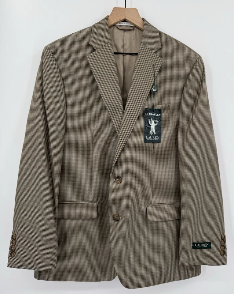 Abrigo Deportivo Ralph Lauren 42R Beige Marrón Pata de Gallo Blazer Chaqueta NUEVO Foto 3 de 4