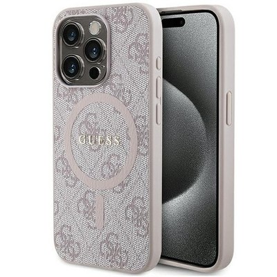 Guess 4G Collection Hülle für iPhone 15 Pro 6.1 Pink Leder MagSafe