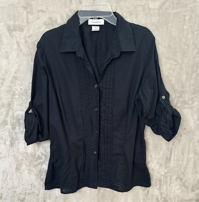Calvin Klein Shirt Women 8 Button Up Pleated Roll Tab Sleeve Blouse Top Workwear