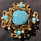 Vintage Miriam Haskell Goldtone Filigree Brooch Blue Stones Faux Pearls
