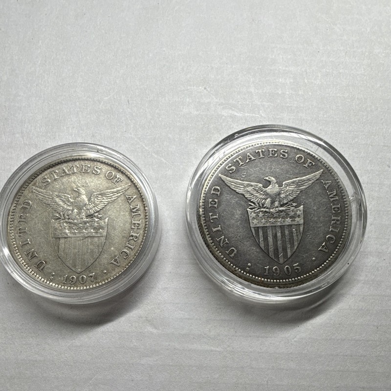 1905s & 1907s Philippines 1 Peso Silver Coins. (2 coins in lot)