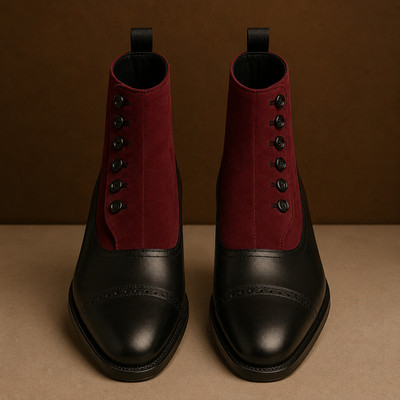 Herren Handgefertigt Zweifarbig Rot Wildleder & Schwarz Leder Formell Oxford Stiefeletten