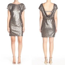 Vera Wang Sequin Sheath Dress Sz 14 Cowl Back Color Pewter Wedding Cocktail 0367