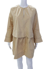 Ganni Womens Cotton V-Neck Long Sleeve A-line Dress Beige Size 34