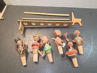Lot 6 Vintage Anri & German Hand Carved Wood Mechanical Bottle Stoppers Must See