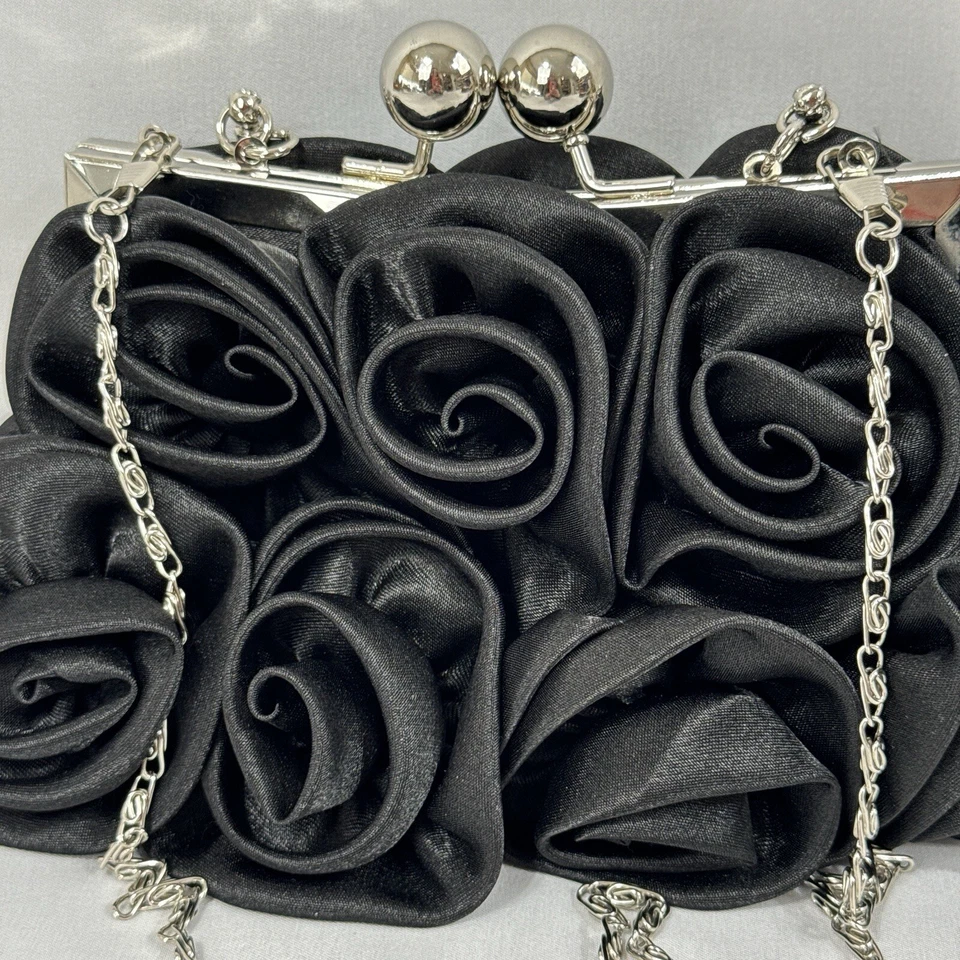 Mujer Negro Noche Bolso sin asas Floral Bolso de mano Fiesta Cartera Desmontable Cadena Correa Foto 2 de 4
