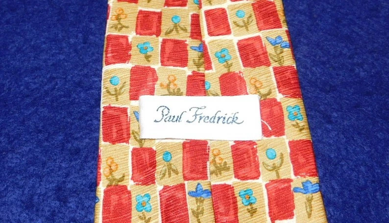 PAUL FREDRICK MADE IN U.S.A. YELLOW/RED/BLUE FLORAL/GEOMETRIC TIE - NECK TIES. - Image 3 of 3