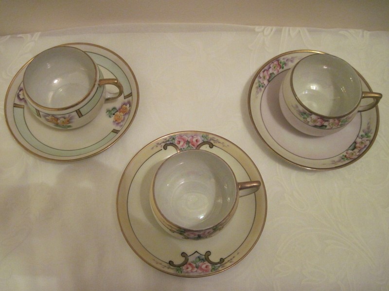 3 Meiko Hand Painted Pastel Cups & Saucers circa 1940 ( in pastels)