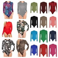 Womens Long Sleeve Plain High Polo Roll Turtle Neck Bodysuit Leotard Top 8-26