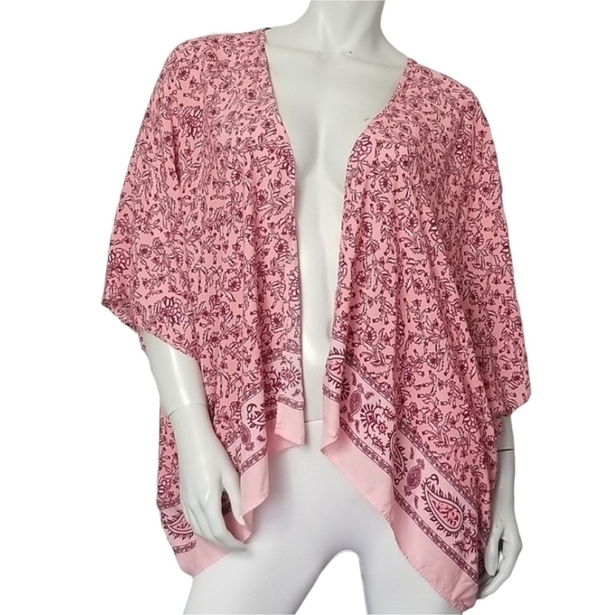 Forever 21 SZ Large Kimono Short Sleeve Lightweight Pink Handkerchief Print  Boho