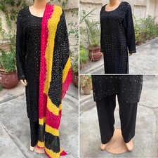 Pakistani Black Straight Style Fancy Embroidered 3Pcs Chiffon Dress,L