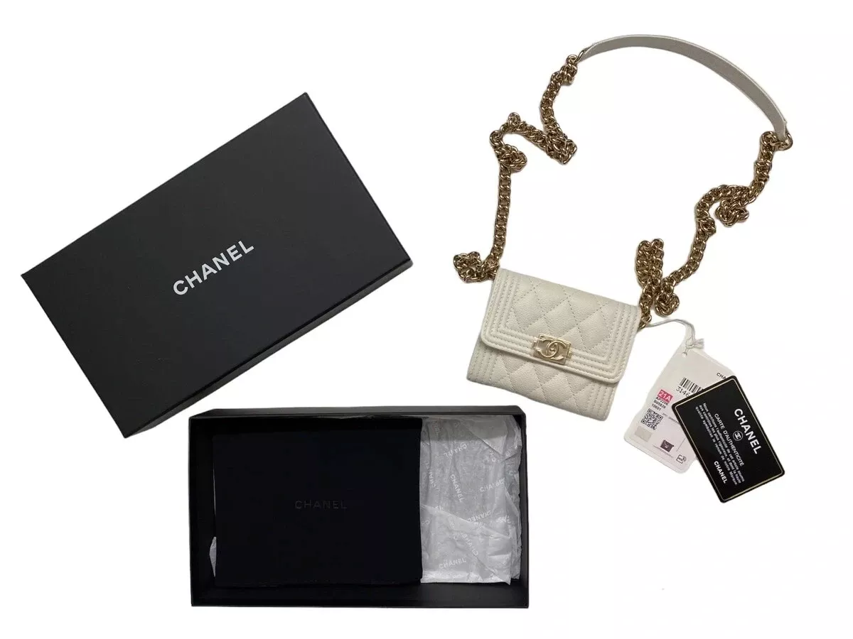 CHANEL White Caviar Quilted LeBoy Card Holder Shoulder Bag Wallet On Chain