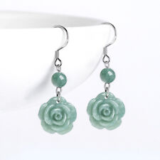 Green Myanmar Jadeite Rose Earrings 925 Silver Designer Natural Burmese Jade
