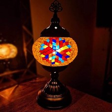 Turkish Moroccan Bronze Table Lamp Colorful Mosaic Glass Desk Light + Free Bulb