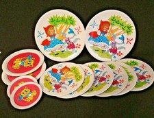 LOT 10 Little Red Riding hood Yellow cat Blue bird CHILD TIN TEA SET Ohio Art 
