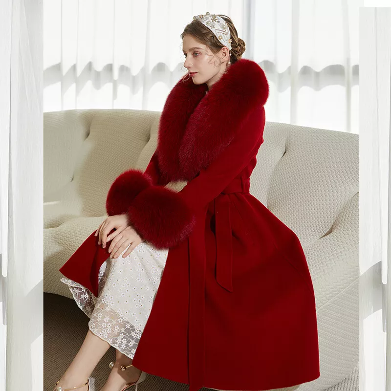 Womens Real Fox Fur Collar Double Sided Wool Cashmere Long Coat Overcoat Belt sz - Image 2 of 4