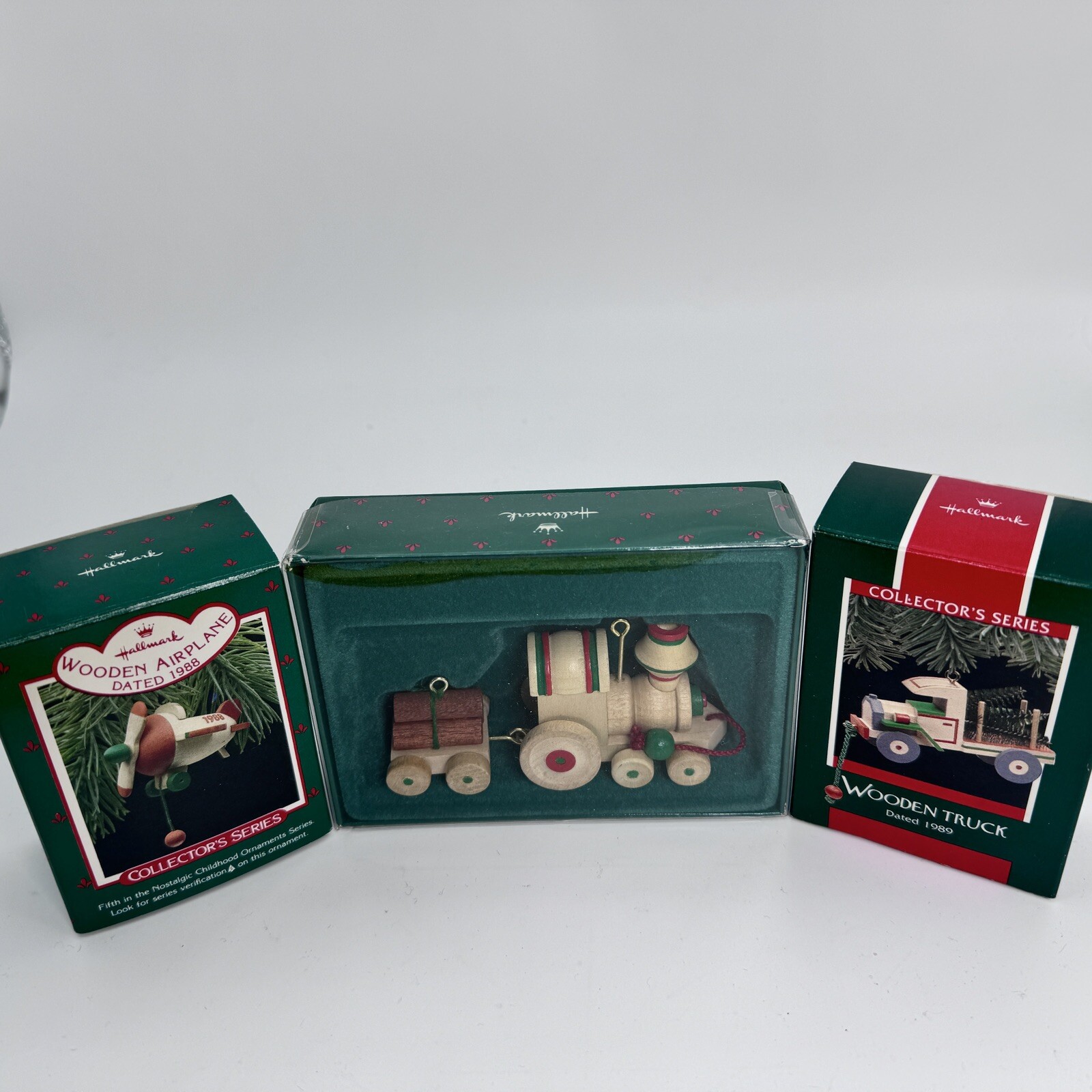 Hallmark Wooden Train Truck Plane Pull Toy Ornament Vintage 80s Collectible Lot