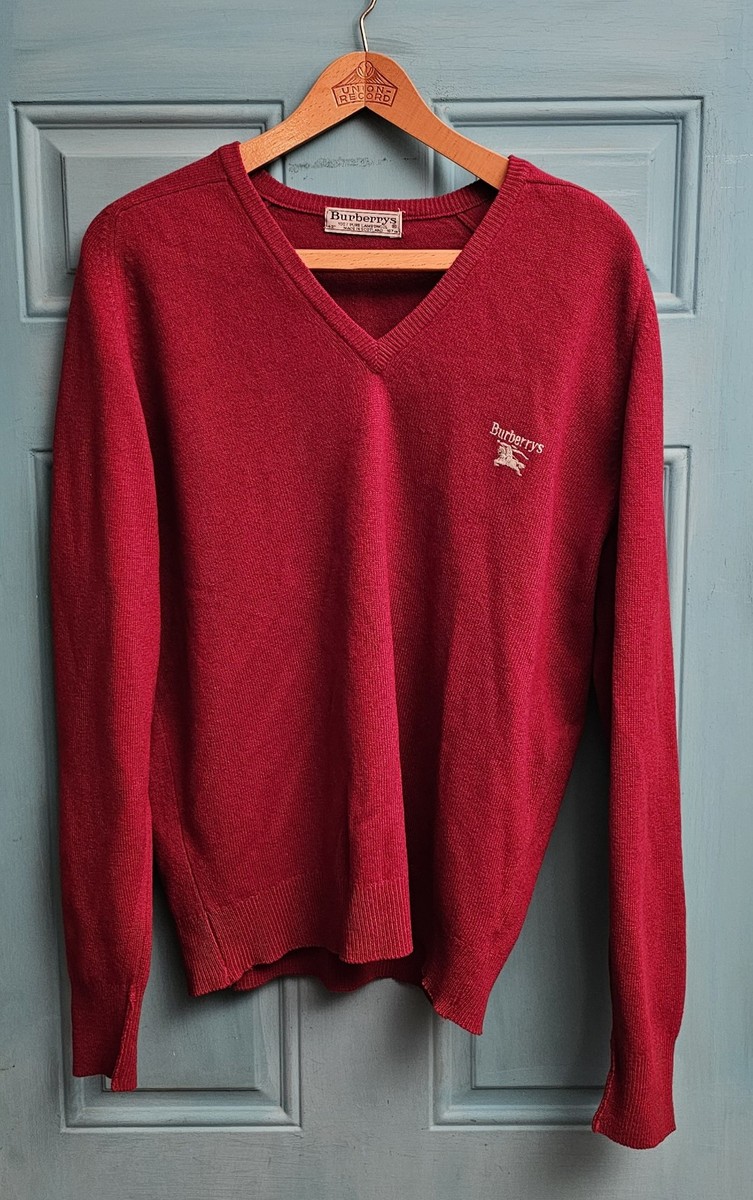 Vintage Burberry Lambswool V Neck Burgundy Red Sweater Men Made in