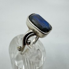 Natural Faceted Rectangle Blue Labradorite Sterling Silver Wave Ring Sz 9