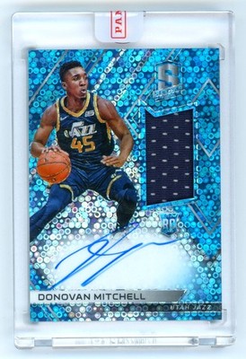 2017-18 Panini Spectra Neon Blue Prizm Donovan Mitchell RC Auto Jersey 65/99 RPA