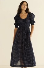 DÔEN Ischia Shirred Polka-dot Organic Cotton-voile Midi Dress - Women - Navy XL