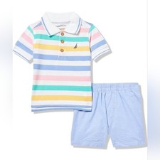 Nautica Boys 2pc Polo Short Set Stripes/Light Blue Size Small 6/7 NWOT