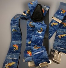 Vtg Bear Mountain Men  s Suspenders X-back Made in USA Fishing Fish XL 6ft  Up
