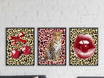 Leopardenmuster Kirschlippen Drucke Schlafzimmer Poster Tier Gepard Motiv