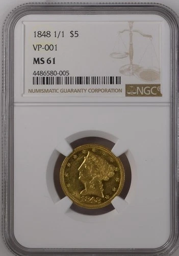 1848 1/1 $5 Liberty Head Gold Coin NGC MS 61 VP-001 – Only 1 Higher TOP POP