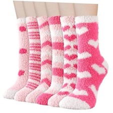6 Pairs Fuzzy Socks for Women Pink Cozy Valentines Socks Plush Slipper Sock