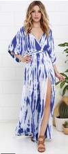 LULUS Sunday Morning Blue Tie-Dye Maxi Dress S Flutter Sleeve Boho V-neck