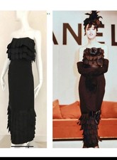 CHANEL Lagerfeld Era Vintage Silk Satin Black Ruffle Strapless Long Dress Sz 42