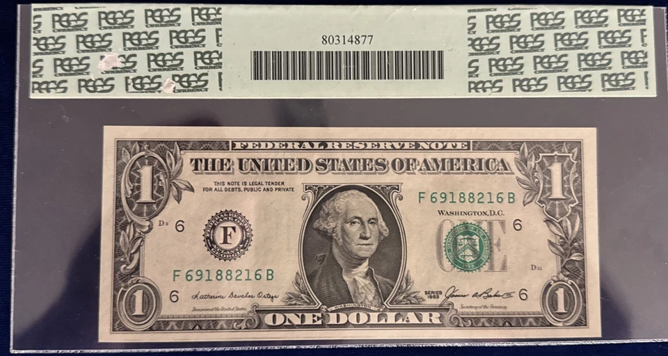 Error de impresión trasera desalineada con sujetalibros 1985 $1 FRN PCGS envío gratuito Foto 4 de 4