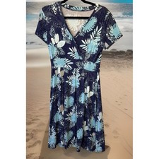 L.L.Bean Faux Wrap Dress Womens S Blue Tropical Leaf Short Sleeve Summer Casual