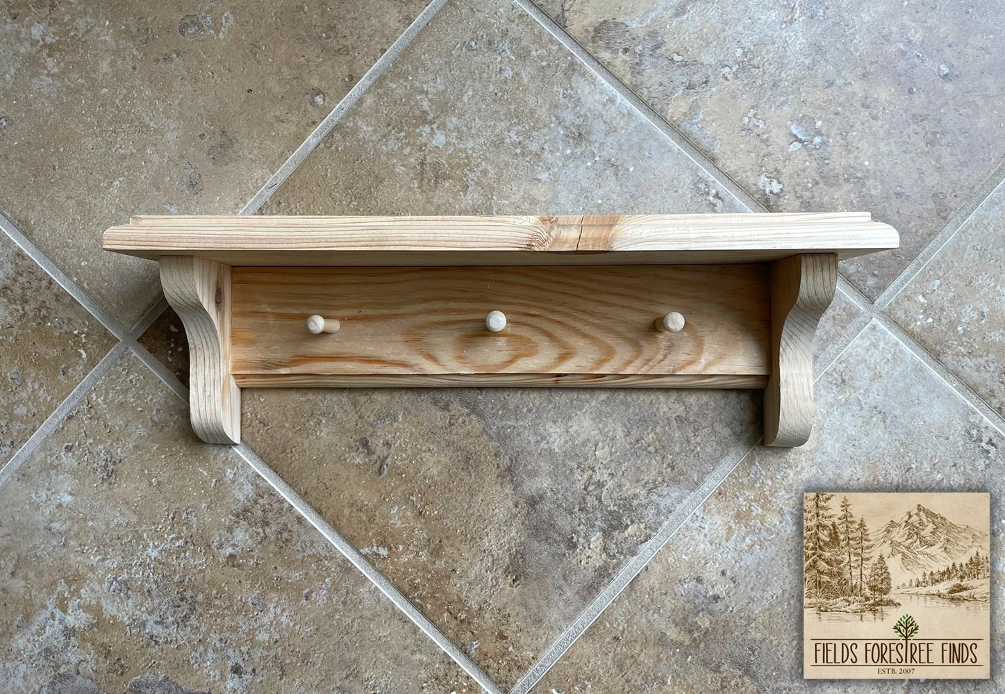 Vintage Farmhouse Style Unfinished Hand Crafted 15.75 Pine Wood Shelf, 3 Pegs