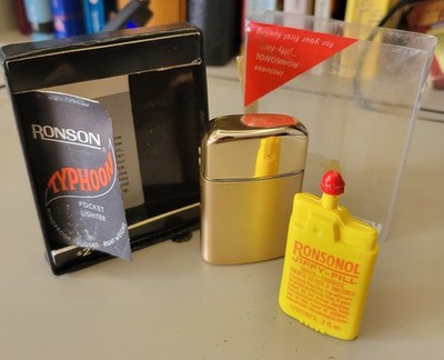 VINTAGE RONSON TYPHOON WINDPROOF POCKET LIGHTER NIB Satin Gold Tone (WORKING)