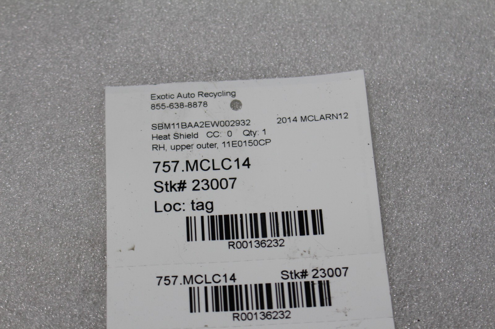 McLaren MP4-12C, RH, Right, Exhaust Heat Shield, Used, P/N 11E0150CP