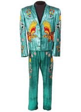 Men Blue2Pc Customized Bird Embroidered Rhinestone Western Suit Music Cowboy Set