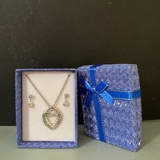 Mother Puppy Dog 1" Heart Pendant Necklace with pierced earrings CZ Silver tone