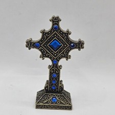 Beautiful Vintage Weighted Brass Cross with Blue Rhinestones 4X2.5" Excellent