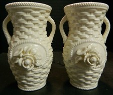 Vintage Pair Of Raised Relief Flowers On White Basketweave Vases Japan Excellent