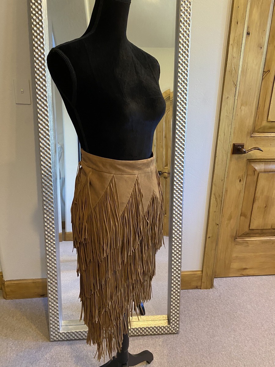 Intermix Brown Buttery Suede Knee Length Fringe Skirt Size XS/0 $595