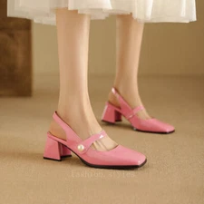 Women Square Toe Sandals Block HeelFaux PU Leather Slingback Shoes Party Comfy