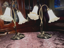 Superb Pair 16" Tiffany-ART-NOUVEAU-Style Pond Lily Lamps w. 2 White Glass Bells