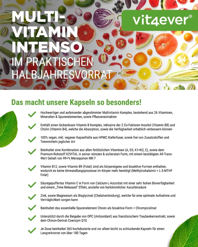 Multivitamin Intenso A-Z - 365 Kapseln (V) - Bioaktive Vitamine + Mineralien - Bild 3 von 4