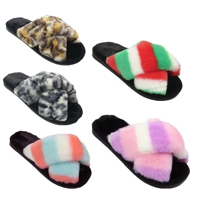 WOMENS FUR SLIDERS FLUFFY LADIES SLIP ON DIAMANTE SLIDES SLIPPERS SANDALS SHOES