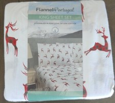NEW Flannel from Portugal Flannel Sheet Set - Red Plaid Reindeer - KING