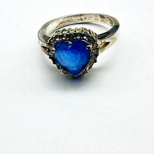 Blue Heart Beaded Ring Silver Tone Rhinestone Halo Love Valentine Friendship